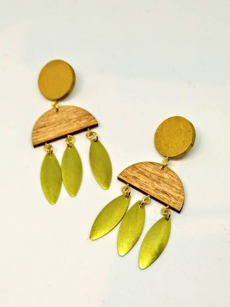 Gold tassel earrings ~ wooden geometric fringe earrings ~ modern jewellery ~ birthday gifts for women ~ half moon dangle earrings