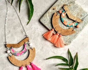 Pink Arch Tassel Necklace ~ Geometric Necklace for her~ Natural Wood Necklace ~ Bohohemian Jewellery Necklace ~ Jewellery Gifts Under 25
