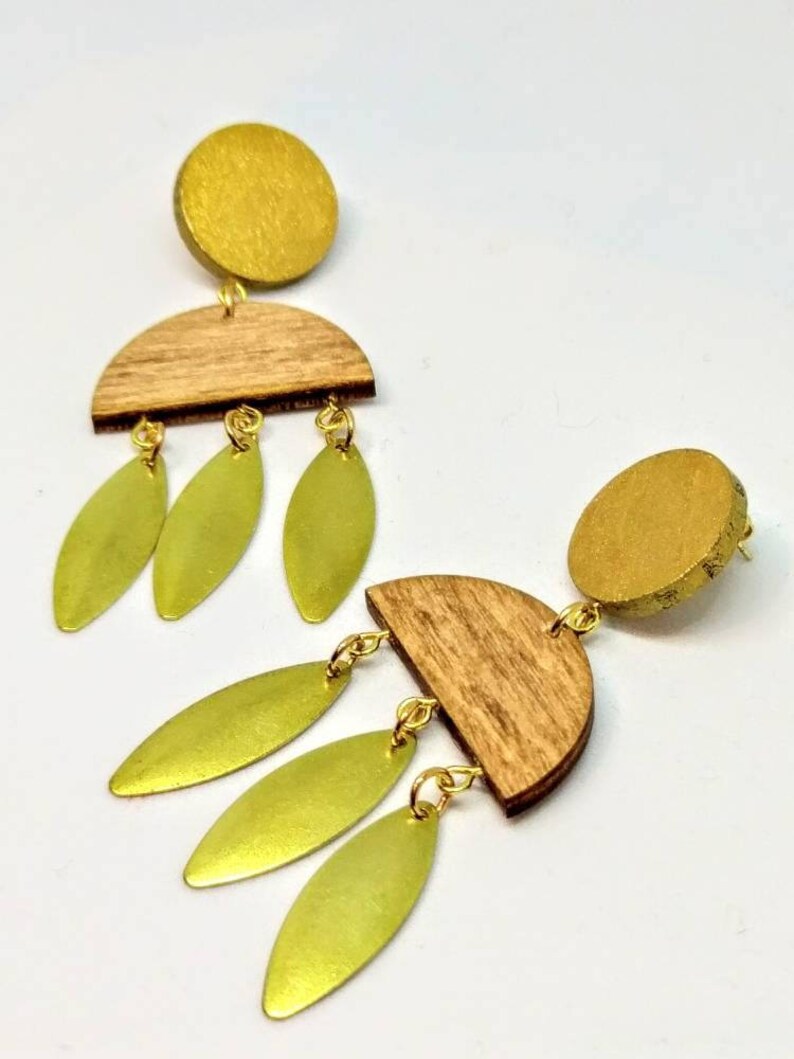 Gold tassel earrings ~ wooden geometric fringe earrings ~ modern jewellery ~ birthday gifts for women ~ half moon dangle earrings