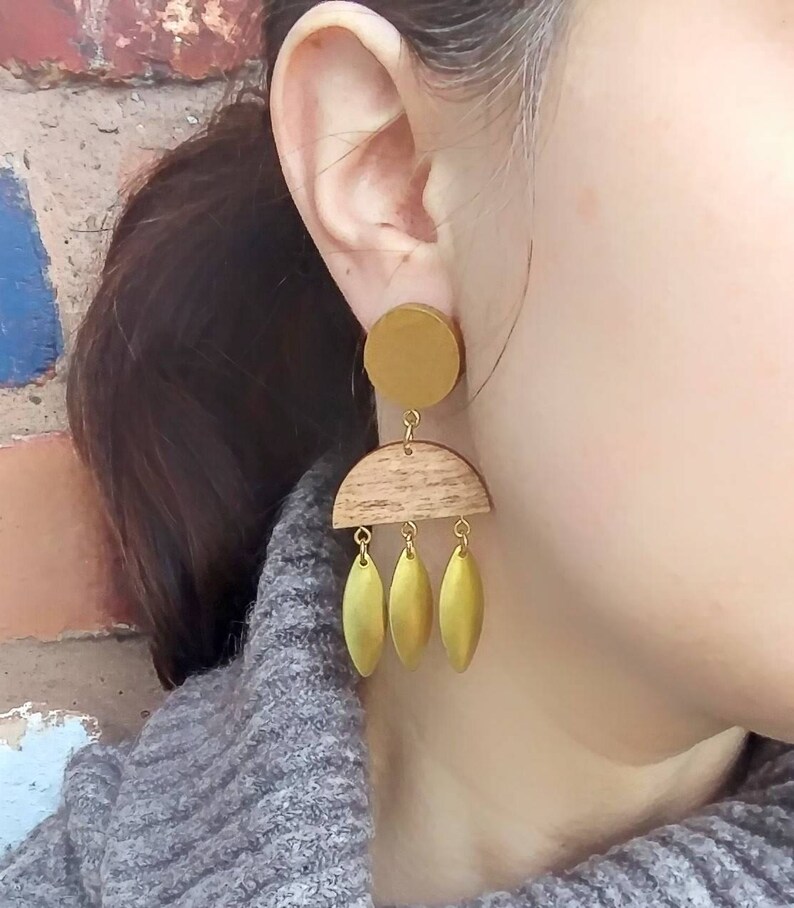 Gold tassel earrings ~ wooden geometric fringe earrings ~ modern jewellery ~ birthday gifts for women ~ half moon dangle earrings
