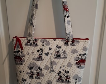 Quilted Vintage Minnie and Mickey zipper top tote bag, Everyday, Essential, travel.
