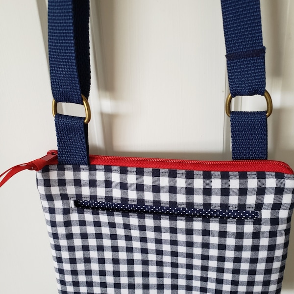 Navy blue gingham check messenger bag, crossover, travel, purse.