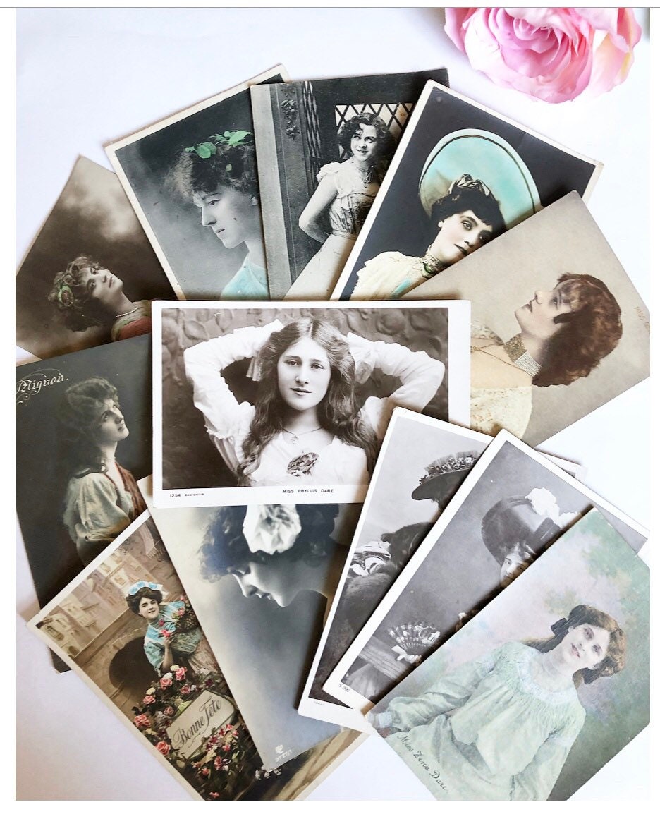 Image of 12 Beautiful Used Antique Postcards Glamorous Ladies, Postage Stamps, Crafting Or Collectable