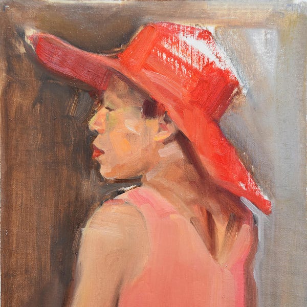 Original Oil Painting 9.75" x 13" clothed Figure study Lady in Red Sun Hat Profile Portrait contemporary impressionist painting figure study