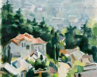 Plein air Cityscape Landscape Impressionist painting Original 8"x10" oil on panel Portland Oregon Pittock Mansion view contemporary fine art