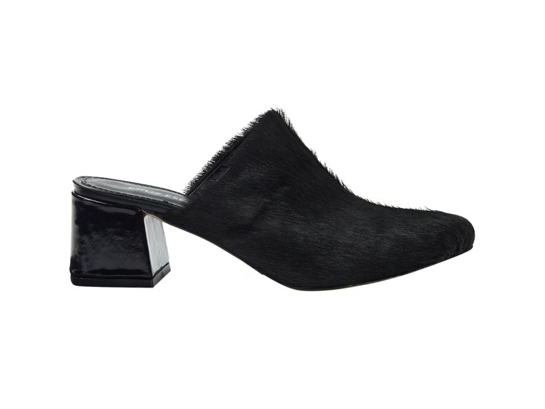 Handmade high quality hairy leather heel mule shoes