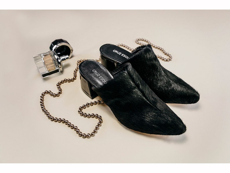 Handmade high quality hairy leather heel mule shoes