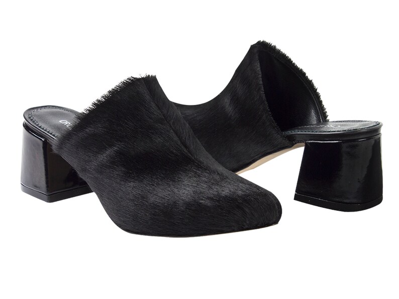 Handmade high quality hairy leather heel mule shoes