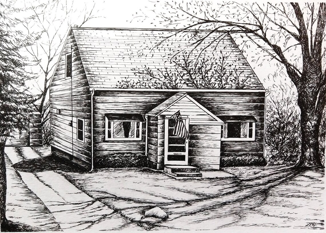 Custom Home Portrait House Drawing Pen and Ink Etsy