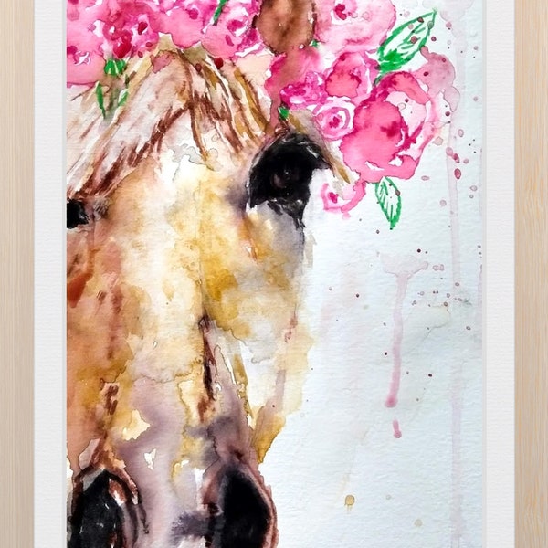 Horse Printable of Original Watercolor Painting, Horse with Crown of Flowers, Roses, Home, Contemporary Abstract Art Prints, Popular Item