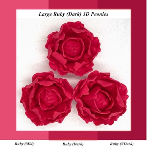 Puede incluir: Tres grandes peonías 3D de color rubí. Las flores son de un tono rojo intenso, con formaciones detalladas de pétalos. La imagen incluye el texto "Large Ruby (Dark) 3D Peonies."