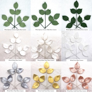 Décorations pour gâteau de mariage Feuilles de rose câblées 3 tiges Moyen 30 mm Vert Blanc Ivoire Perle Or rose Argenté