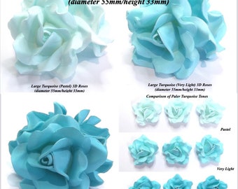 Décorations comestibles pour gâteau de mariage roses en sucre 3D bleu turquoise fleurs 55 mm SANS FIL