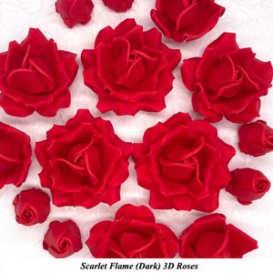 Peut inclure: Une collection de 12 roses 3D rouge foncé. Les roses sont faites d'un matériau doux et velouté et ont une apparence réaliste. Les roses sont disposées de manière aléatoire sur un fond blanc.  Scarlet Flame (Dark) 3D Roses