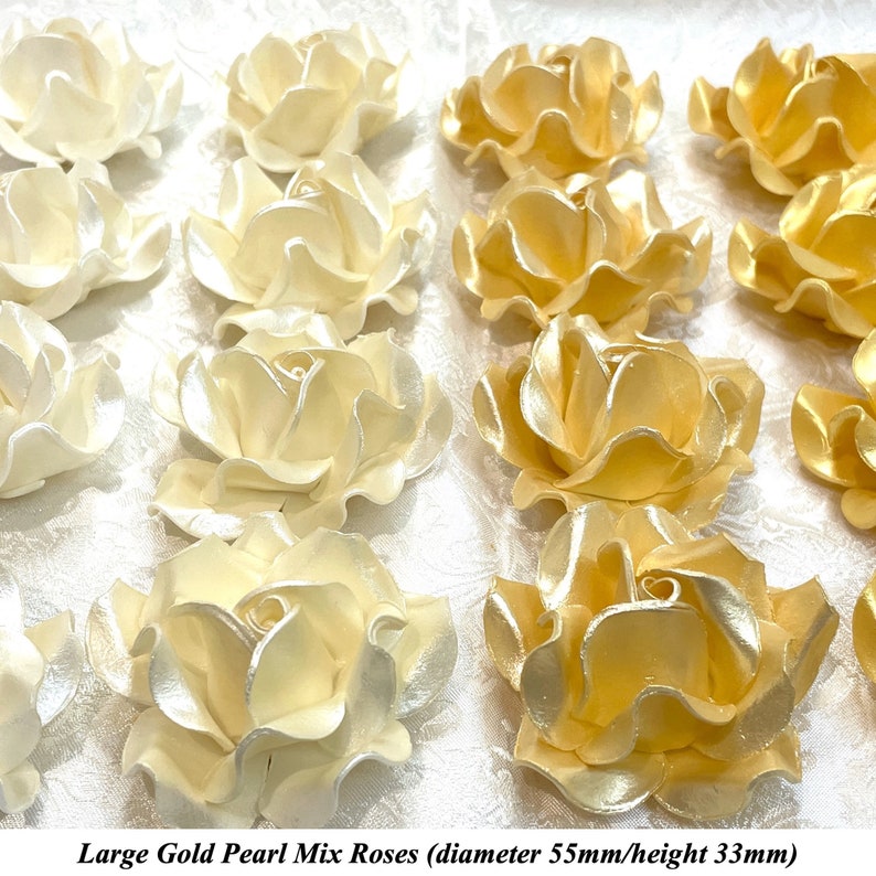 Large Gold Pearl Mix 3D Sugar Roses golden wedding xmas cake decoration NONWIRED 55mm image 3