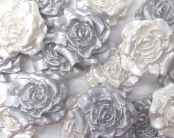 Silver & White Pearl Sugar Roses edible fondant silver wedding cake decorations cupcake toppers