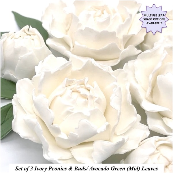 Ivory Peony Bud Leaves Wedding Birthday Cake Decorations Edible Cake Topper Sugar Fondant Flowers NON-WIRED