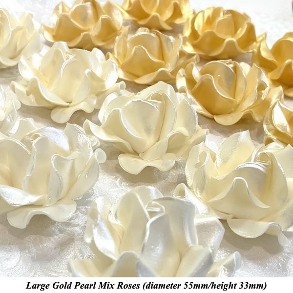 Large Gold Pearl Mix 3D Sugar Roses golden wedding xmas cake decoration NONWIRED 55mm