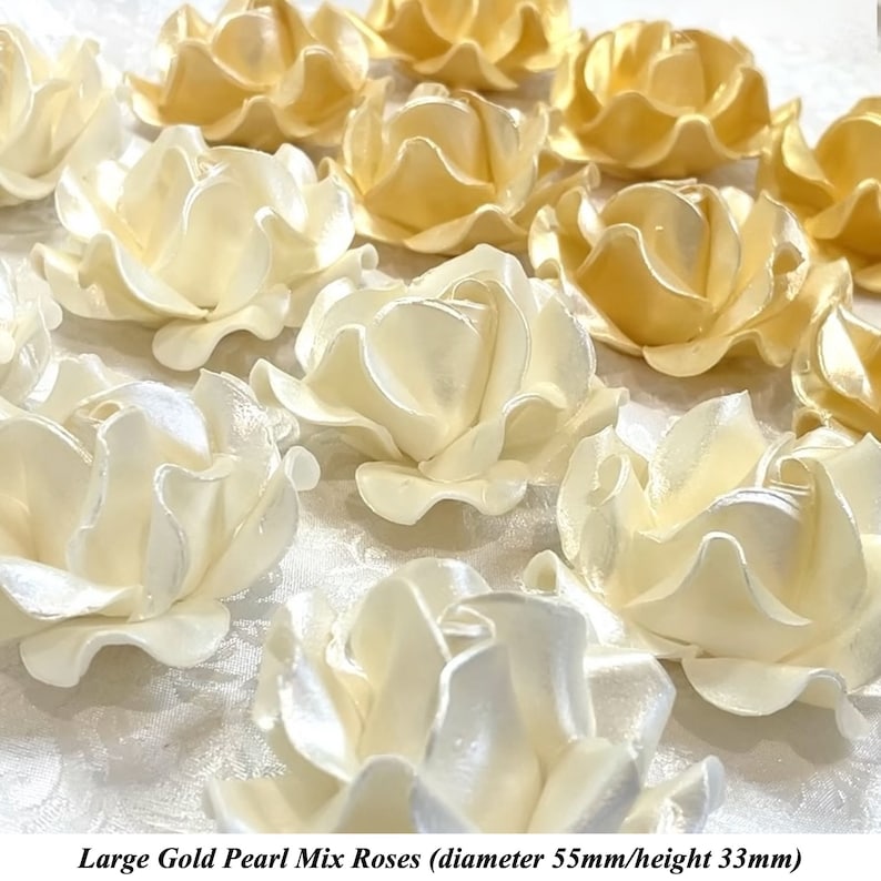 Large Gold Pearl Mix 3D Sugar Roses golden wedding xmas cake decoration NONWIRED 55mm image 1