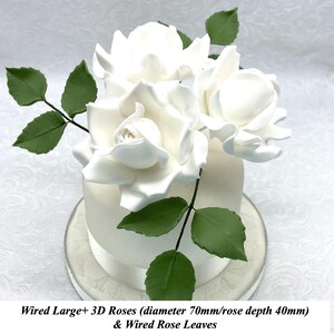 White Roses White Wedding Cake decorations cake flowers birthday anniversary cake Wired Large+ Larger Petal Roses & Wired Rose Leaves  70mm