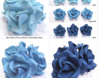 Large Blue 3D Sugar Roses wedding cake decorations 55mm NON-WIRED