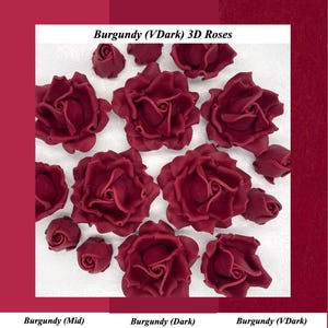 Puede incluir: Rosas 3D de color burdeos, de varios tamaños y etapas de floración. Las rosas presentan pétalos detallados y un color burdeos intenso y rico. La imagen incluye el texto "Burgundy (VDark) 3D Roses".