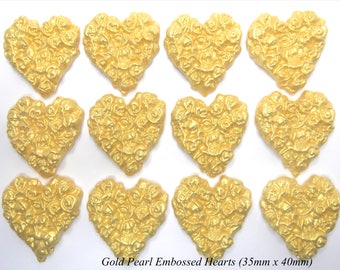 12 Gold Pearl Rose Embossed Sugar Hearts edible fondant golden wedding cake cupcake candy decorations candies favors 35mm x 40mm