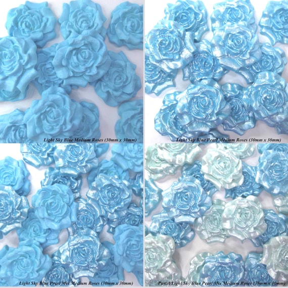 12 ICE BLUE AND WHITE ROSES edible sugar flowers cake decorations toppers weddin 