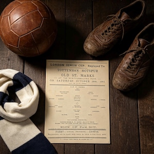 Könnte beinhalten: Ein vintage Fußball aus braunem Leder, ein Paar abgenutzte braune Fußballschuhe aus Leder, ein cremefarbener und marineblau gestreifter Strickschal sowie ein gedrucktes Programmheft für ein London Senior Cup Spiel.