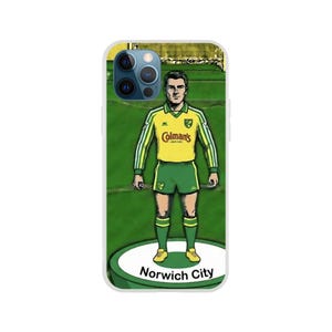 May include: A phone case featuring a cartoon illustration of a soccer player in a yellow and green uniform. The player is standing on a green field with the words "Norwich City" at the bottom. The case has a white border.