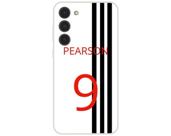 May include: White phone case with the name "PEARSON" in red, the number "9" in red, and three black vertical stripes. The phone case has a camera array on the top left.