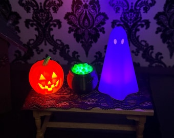 Miniature LED Halloween Trio, Jack O Lantern, Cauldron, Ghost, Haunted House Decor