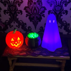 Light Up Ghost, Jack O Lantern, Cauldron Halloween Miniatures Trio, Diorama Doll House Decor
