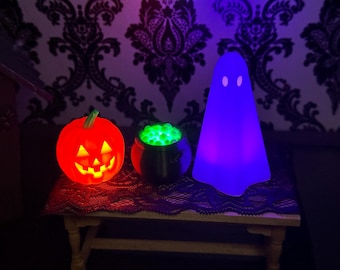 Light Up Ghost, Jack O Lantern, Cauldron Halloween Miniatures Trio, Diorama Doll House Decor