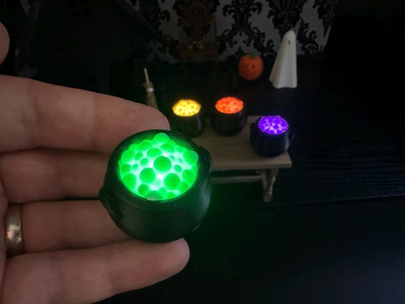 Miniature Light-Up Witch Cauldron, Mini Spooky Halloween Decor, 3D Printed Diorama Accessory