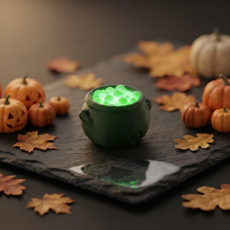 Miniature Light-Up Witch Cauldron, Mini Spooky Halloween Decor, 3D Printed Diorama Accessory shown in an AI-generated listing photo