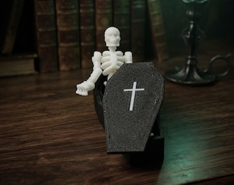 Spooky Miniature Black Coffin, Inlaid White Cross with Lid, Halloween Diorama Decor
