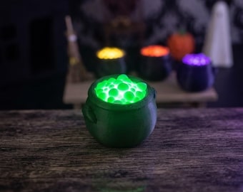 Spooky Miniature Light-Up Witch Cauldron, Mini Halloween Decor, 3D Printed Diorama Accessory