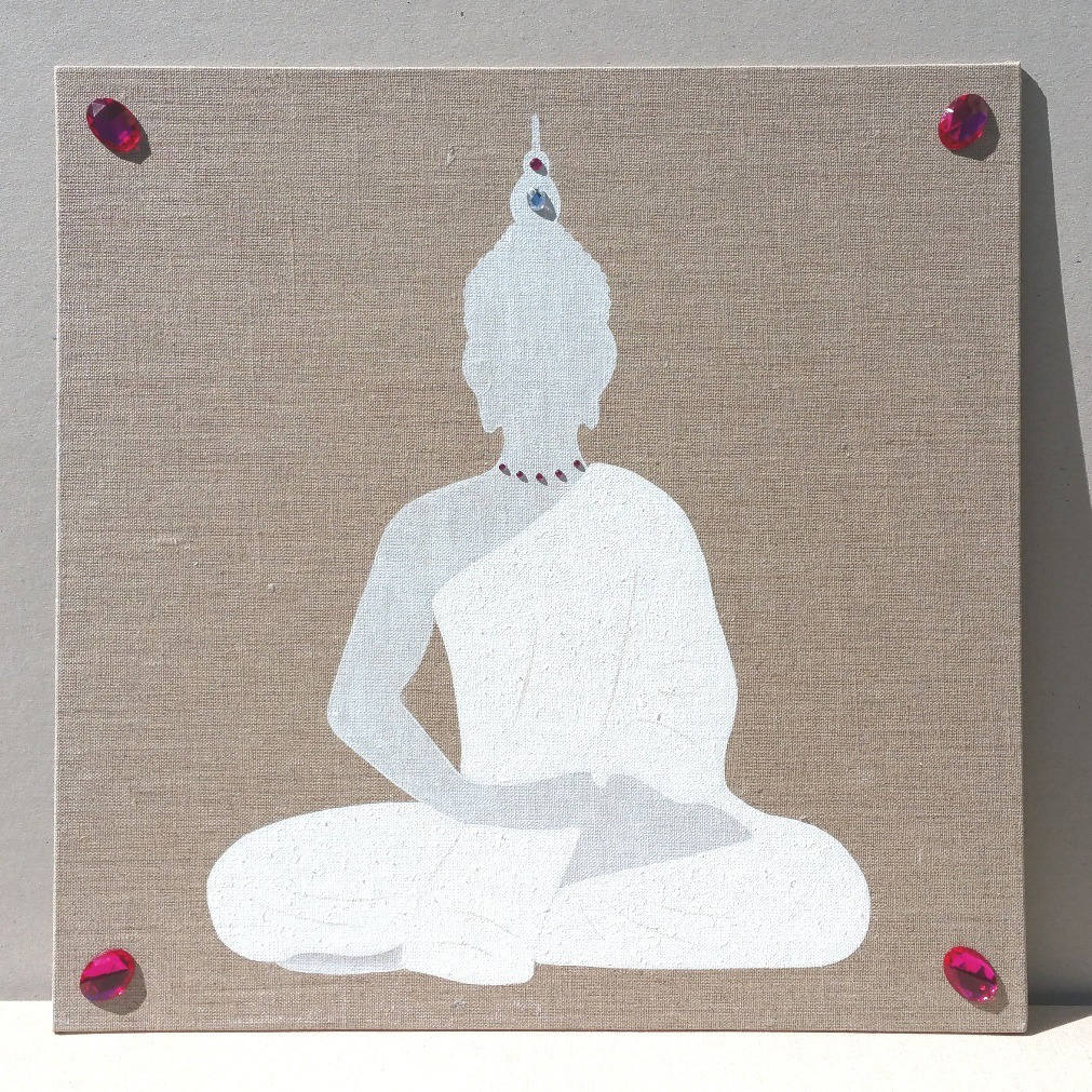 Tableau Bouddha Blanc, Perles Fuchsia