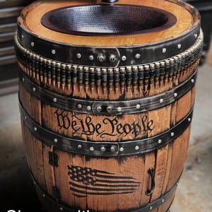 Bourbon & Bullets edition Whiskey barrel sink, hammered copper, rustic antique bathroom / bar / man cave vanity personalized american flag