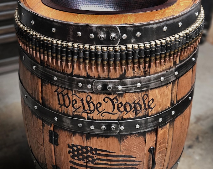 Bourbon & Bullets edition Whiskey barrel sink, hammered copper, rustic antique bathroom / bar / man cave vanity personalized american flag