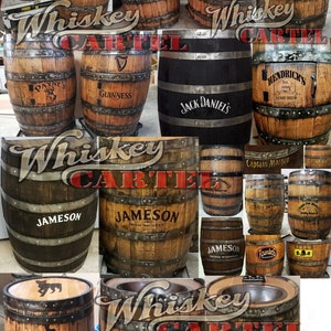 May include: A collage of various whiskey, beer, and tequila barrels with different brand names and logos. The barrels are made of wood and have metal bands around them. The barrels are arranged in a grid pattern. The text "Whiskey Cartel" is written in large letters across the top of the image.