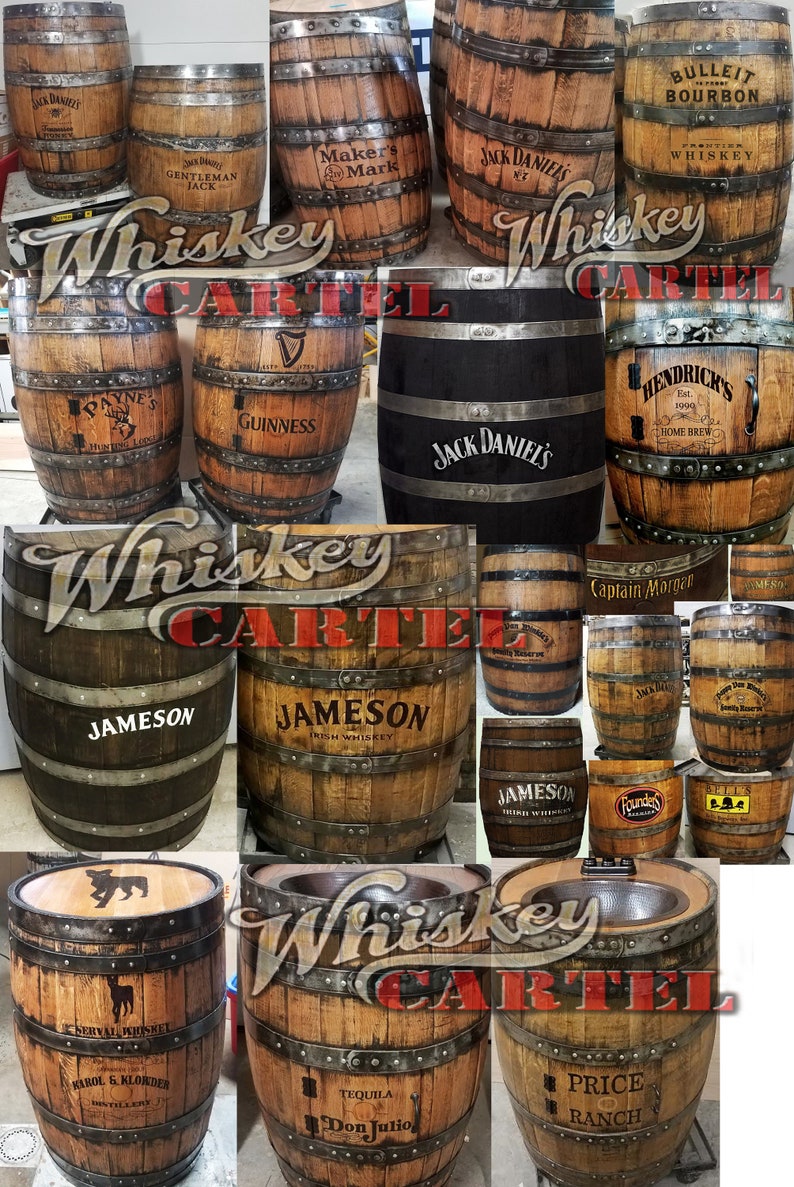 May include: A collage of various whiskey, beer, and tequila barrels with different brand names and logos. The barrels are made of wood and have metal bands around them. The barrels are arranged in a grid pattern. The text "Whiskey Cartel" is written in large letters across the top of the image.