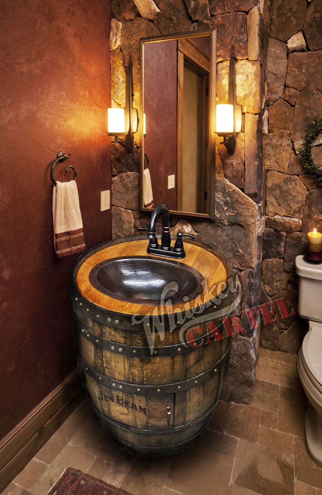 Whiskey Barrel Sink, Hammered Copper, Rustic Antique Bathroom