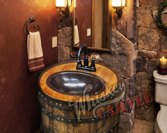 Whiskey barrel sink, hammered copper, rustic antique bathroom / bar / man cave vanity, wine, oak, barrel vanity bourbon CUSTOM personalized