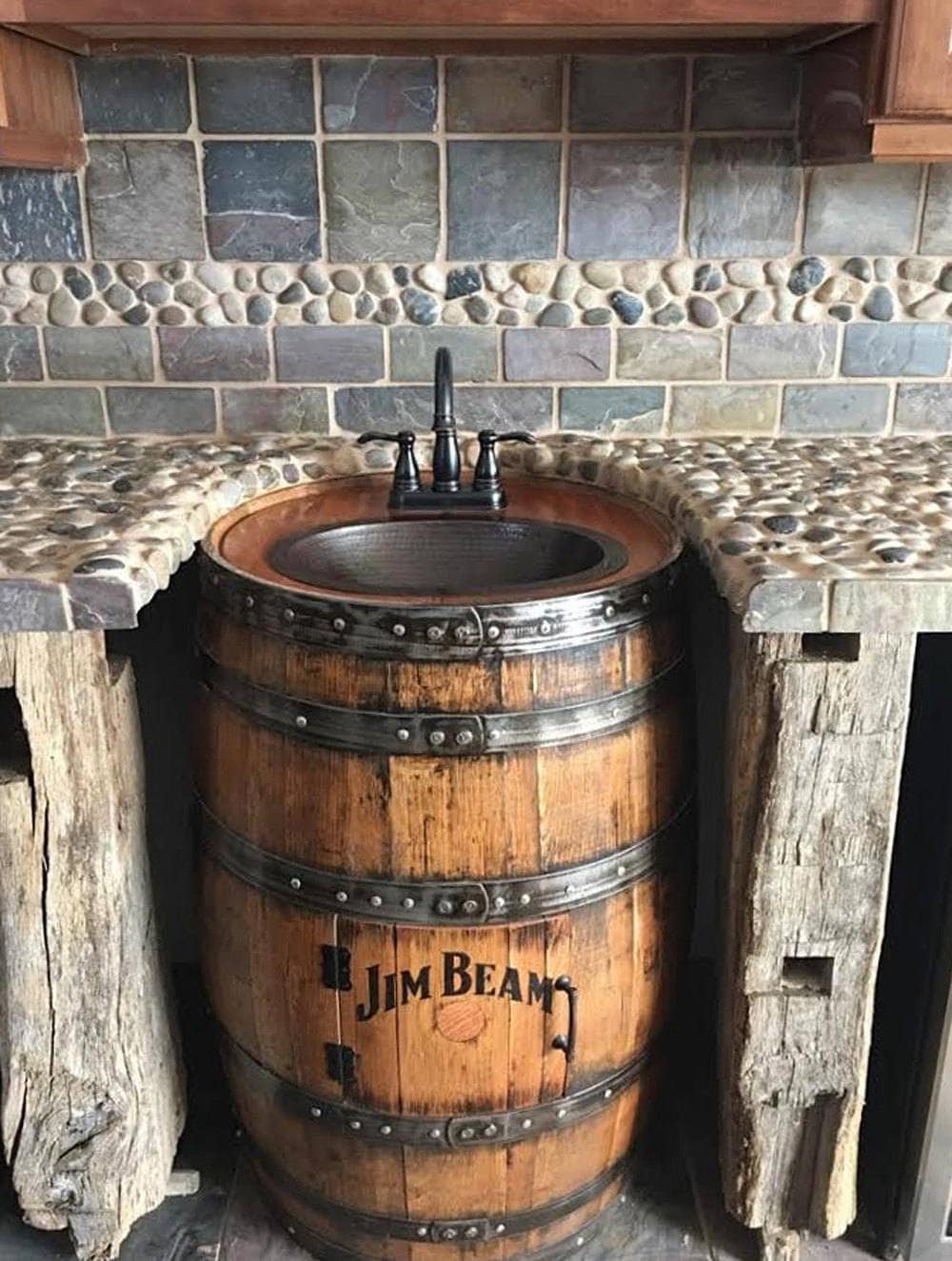 Whiskey barrel sink, hammered copper, rustic antique bathroom / bar