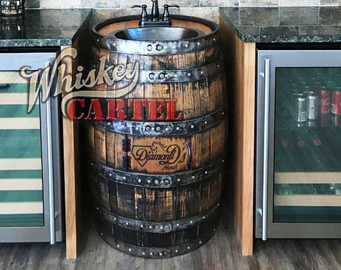 Whiskey barrel sink, hammered copper, rustic antique bathroom / bar / man cave vanity, wine, oak, barrel vanity bourbon CUSTOM personalized
