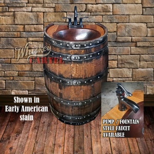 Whiskey barrel sink, hammered copper, rustic antique bathroom / bar / man cave vanity, wine, oak, barrel vanity bourbon CUSTOM personalized