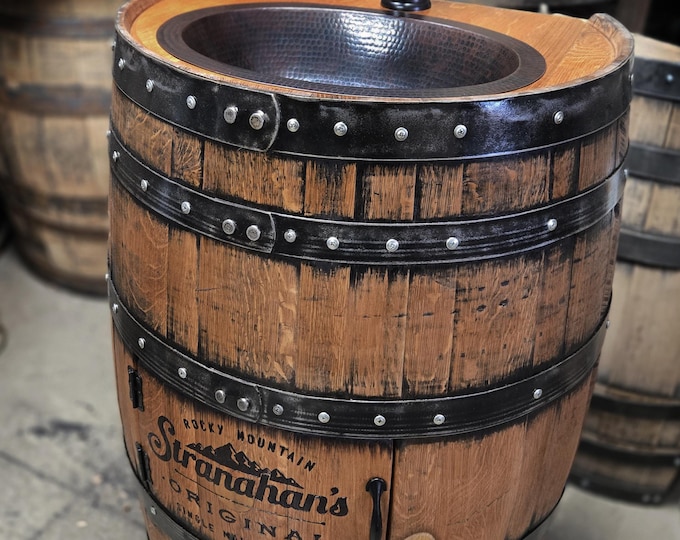 Whiskey barrel sink 3/4 flat back half 1/2 hammered copper rustic antique bathroom bar man cave wine oak barrel vanity bourbon personalized