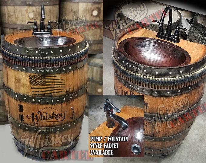 Bourbon & Bullets edition Whiskey barrel sink, hammered copper, rustic antique bathroom / bar / man cave vanity CUSTOM personalized
